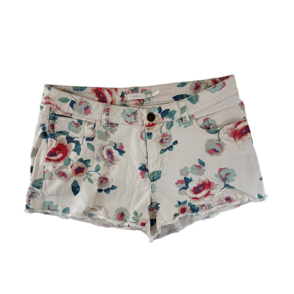 Blu Pepper White Floral Jean Shorts with Red & Teal Roses